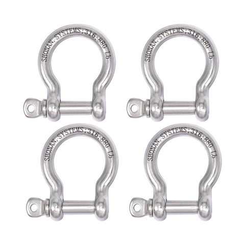 5/16" Marine Grade Bow Shackles, Stainless Steel 316, 4 Pcs